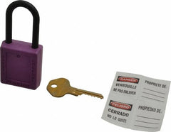 Master Lock - Keyed Different Nonconductive Lockout Padlock - 1-1/2" Shackle Clearance, 1/4" Shackle Diam, 1-3/4" Body Height x 1-1/2" Body Width, Purple, 6 Pins - Exact Tooling