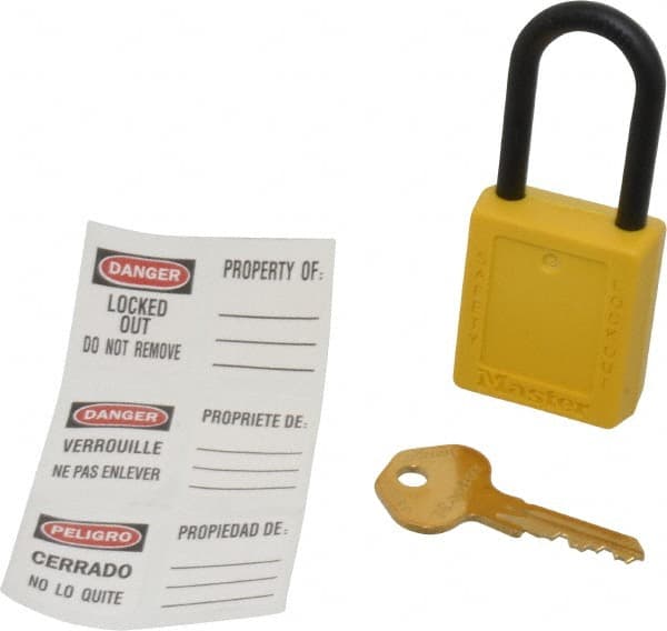 Master Lock - Keyed Different Nonconductive Lockout Padlock - 1-1/2" Shackle Clearance, 1/4" Shackle Diam, 1-3/4" Body Height x 1-1/2" Body Width, Yellow, 6 Pins - Exact Tooling