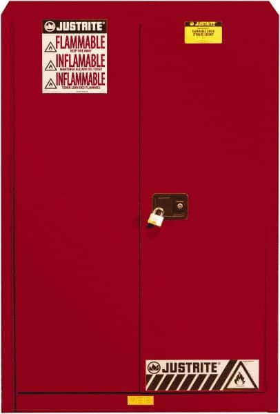 Justrite - 2 Door, 5 Shelf, Red Steel Standard Safety Cabinet for Flammable and Combustible Liquids - 65" High x 43" Wide x 18" Deep, Self Closing Door, 3 Point Key Lock, 60 Gal Capacity - Exact Tooling