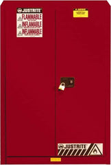 Justrite - 2 Door, 5 Shelf, Red Steel Standard Safety Cabinet for Flammable and Combustible Liquids - 65" High x 43" Wide x 18" Deep, Self Closing Door, 3 Point Key Lock, 60 Gal Capacity - Exact Tooling