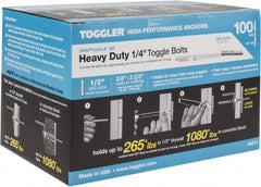 Toggler - 1/4" Screw, 6-1/4" Long, 3/8 to 3-5/8" Thick, Toggle Bolt Drywall & Hollow Wall Anchor - 1/4 - 20" Thread, 1/2" Drill, Zinc Plated, Steel, Grade 1010, Use in Drywall - Exact Tooling