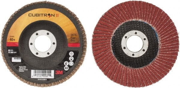 3M - 40 Grit, 4-1/2" Disc Diam, 7/8" Center Hole, Type 27 Ceramic Flap Disc - 13,300 Max RPM, Cloth Backing, Arbor Attaching System, Coated - Exact Tooling