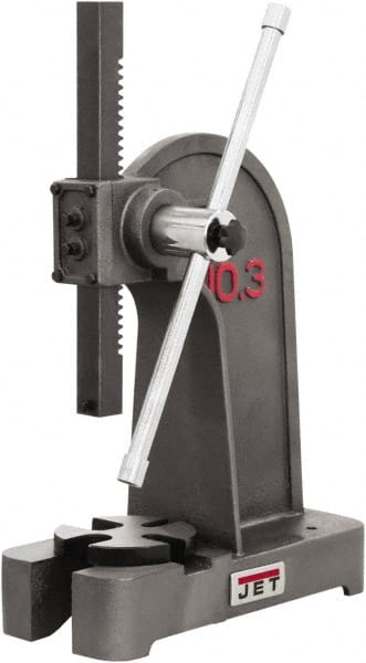 Jet - 1/2" Ram, 7-7/8" Throat Depth, 2 Ton Manual Arbor Press - 7-7/8" Max Work Height x 11-3/8" Max Work Width, Single Leverage, 6-3/8" Base Width x 17" Base Depth - Exact Tooling