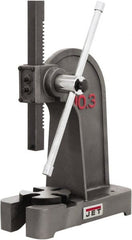 Jet - 1/2" Ram, 7-7/8" Throat Depth, 2 Ton Manual Arbor Press - 7-7/8" Max Work Height x 11-3/8" Max Work Width, Single Leverage, 6-3/8" Base Width x 17" Base Depth - Exact Tooling