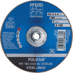 PFERD - Flap Discs; Abrasive Type: Coated ; Flap Disc Type: Type 27 ; Disc Diameter (Inch): 7 ; Abrasive Material: Aluminum Oxide ; Grit: 120 ; Attaching System: Threaded Hole - Exact Tooling