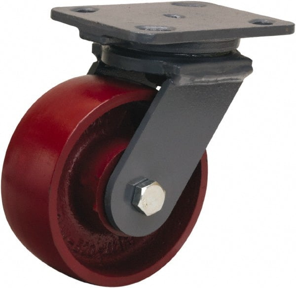 Hamilton - 5" Diam x 2" Wide x 6-1/2" OAH Top Plate Mount Swivel Caster - Cast Iron, 1,300 Lb Capacity, Sealed Precision Ball Bearing, 4 x 5" Plate - Exact Tooling