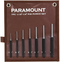 Paramount - 7 Piece, 1/16 to 1/4", Pin Punch Set - Hexagon Shank, Comes in Canvas Roll - Exact Tooling