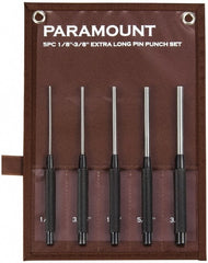 Paramount - 5 Piece, 1/8 to 3/8", Pin Punch Set - Round Shank, Steel, Comes in Canvas Roll - Exact Tooling