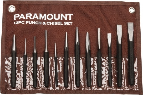 Paramount - 12 Piece Punch & Chisel Set - 13/64 to 1/2" Chisel, 3/8 to 3/16" Punch, Hexagon Shank - Exact Tooling