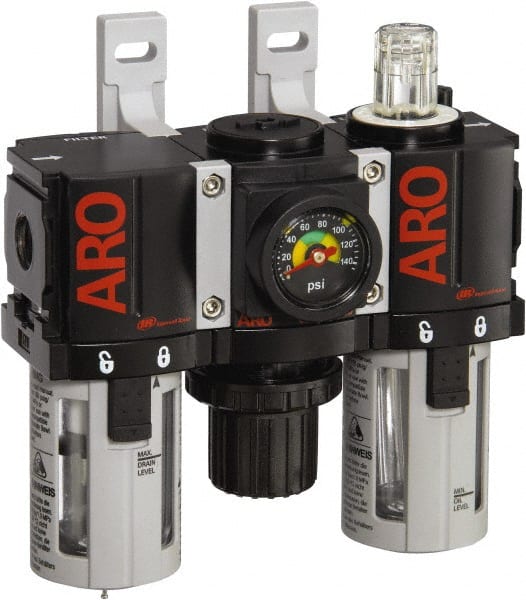 ARO/Ingersoll-Rand - 1/8" NPT Port Miniature 3 Piece Filter-Regulator-Lubricator FRL Unit - Polycarbonate Bowl, 34 SCFM, 150 Max psi, 5" High x 4.724" Long, Manual Drain - Exact Tooling