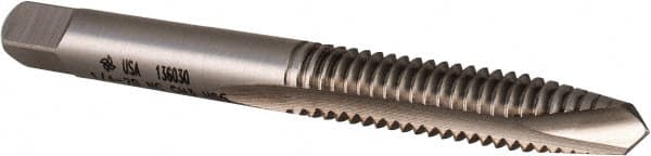 Made in USA - 1/4-20 UNC, 2 Flute, Bright Finish, High Speed Steel Spiral Point Tap - Plug Chamfer, Right Hand Thread, 2-1/2" OAL, 1" Thread Length, 0.255" Shank Diam, 3B Class of Fit - Exact Tooling