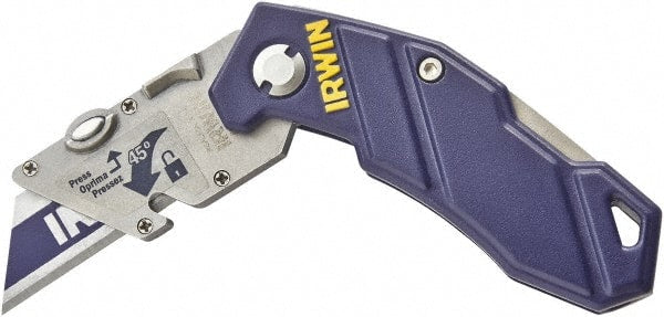 Irwin - Fixed Folding Utility Knife - Blue Aluminum Handle, 1 Blade Included - Exact Tooling