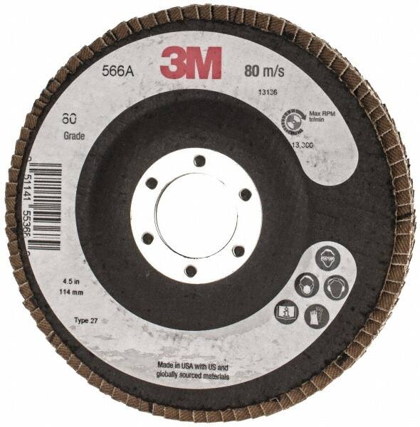 3M - 80 Grit, 4-1/2" Disc Diam, Type 27 Flap Disc - Cloth Backing, Arbor Attaching System - Exact Tooling