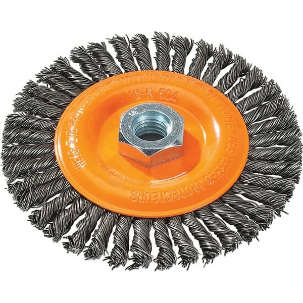 WALTER Surface Technologies - 5" OD, 5/8-11 Arbor Hole, Stringer Bead Steel Wheel Brush - 1/4" Face Width, 0.02" Filament Diam, 15,000 RPM - Exact Tooling