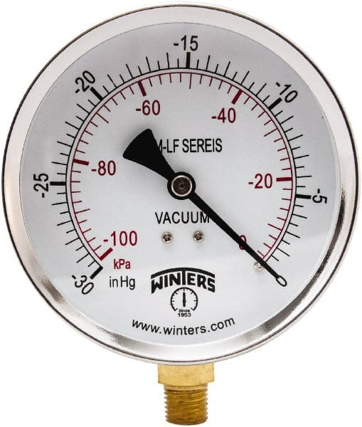 Winters - 4" Dial, 1/4 Thread, 30" HG Vac Scale Range, Pressure Gauge - Lower Connection Mount, Accurate to 3-2-3% of Scale - Exact Tooling