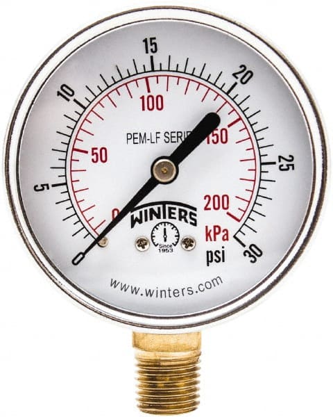 Winters - 2-1/2" Dial, 1/4 Thread, 0-30 Scale Range, Pressure Gauge - Lower Connection Mount, Accurate to 3-2-3% of Scale - Exact Tooling