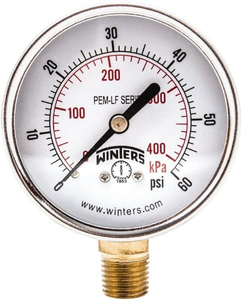 Winters - 2-1/2" Dial, 1/4 Thread, 0-60 Scale Range, Pressure Gauge - Lower Connection Mount, Accurate to 3-2-3% of Scale - Exact Tooling