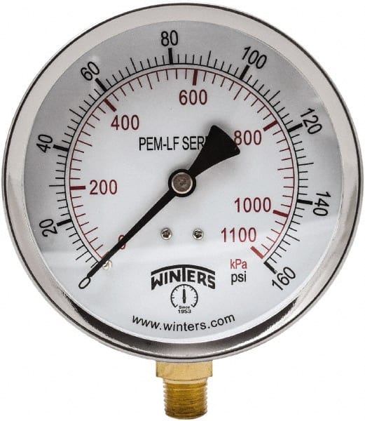 Winters - 4" Dial, 1/4 Thread, 0-160 Scale Range, Pressure Gauge - Lower Connection Mount, Accurate to 3-2-3% of Scale - Exact Tooling