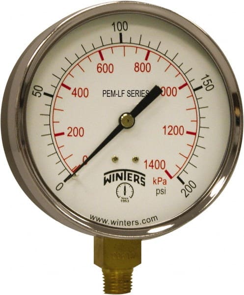 Winters - 4" Dial, 1/4 Thread, 0-200 Scale Range, Pressure Gauge - Lower Connection Mount, Accurate to 3-2-3% of Scale - Exact Tooling