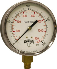 Winters - 4" Dial, 1/4 Thread, 0-200 Scale Range, Pressure Gauge - Lower Connection Mount, Accurate to 3-2-3% of Scale - Exact Tooling