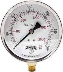 Winters - 4" Dial, 1/4 Thread, 0-300 Scale Range, Pressure Gauge - Lower Connection Mount, Accurate to 3-2-3% of Scale - Exact Tooling