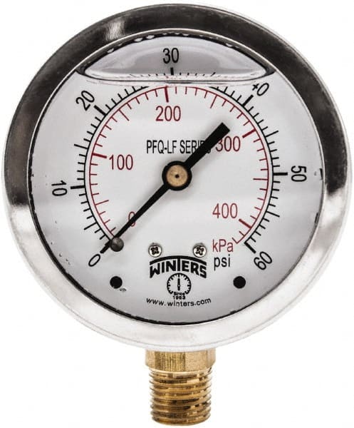 Winters - 2-1/2" Dial, 1/4 Thread, 0-60 Scale Range, Pressure Gauge - Lower Connection Mount, Accurate to 1.5% of Scale - Exact Tooling