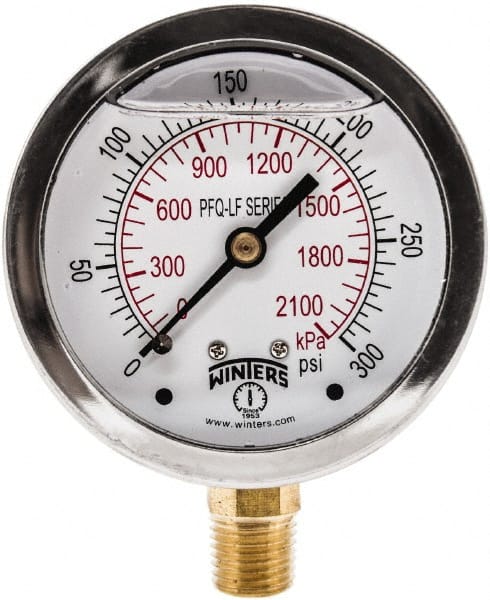 Winters - 2-1/2" Dial, 1/4 Thread, 0-300 Scale Range, Pressure Gauge - Lower Connection Mount, Accurate to 1.5% of Scale - Exact Tooling