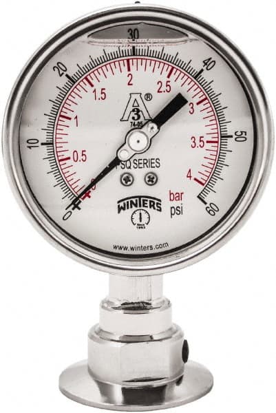 Winters - 4" Dial, 2 Thread, 0-60 Scale Range, Pressure Gauge - Lower Connection Mount, Accurate to 0.01% of Scale - Exact Tooling
