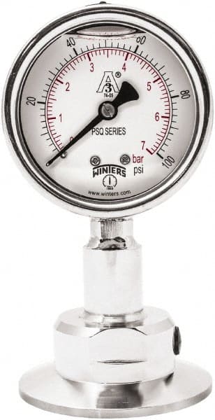 Winters - 2-1/2" Dial, 2 Thread, 0-100 Scale Range, Pressure Gauge - Lower Connection Mount, Accurate to 1.5% of Scale - Exact Tooling