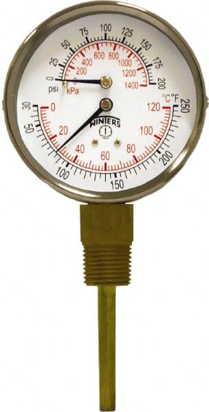 Winters - 3" Dial, 1/2 Thread, 0-200 Scale Range, Pressure Gauge - Lower Connection Mount, Accurate to 0.03% of Scale - Exact Tooling