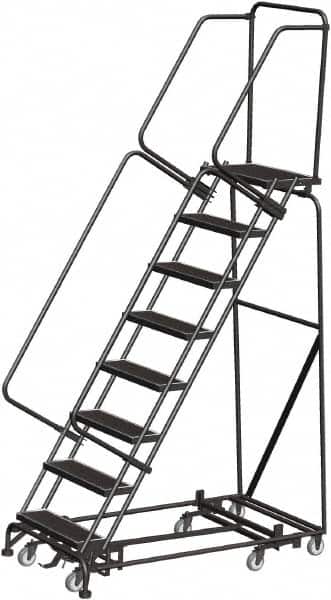 Ballymore - 113" 8 Step Rolling Warehouse Ladder - Lock Step Rolling Safety Ladder, 450 Lb Capacity, 80" Platform Height, 32" Base Width x 61" Base Depth, Perforated Tread - Exact Tooling