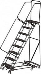 Ballymore - 113" 8 Step Rolling Warehouse Ladder - Lock Step Rolling Safety Ladder, 450 Lb Capacity, 80" Platform Height, 32" Base Width x 61" Base Depth, Perforated Tread - Exact Tooling