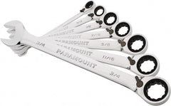 Paramount - 7 Piece, 3/8" to 3/4", 12 Point Reversible Ratcheting Combination Wrench Set - Inch Measurement Standard, Full Polish Chrome Finish, Comes in Blow Molded Case - Exact Tooling