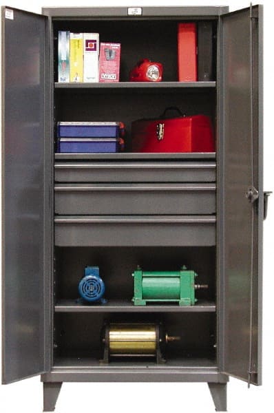 Strong Hold - 3 Shelf 4 Bin Locking Storage Cabinet - Steel, 36" Wide x 24" Deep x 78" High, Dark Gray - Exact Tooling