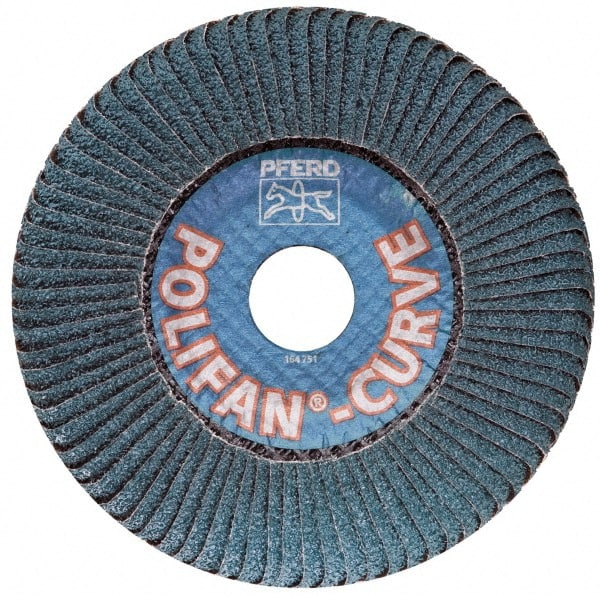 PFERD - 40 Grit, 5" Disc Diam, 5/8-11 Center Hole, Type 27 Zirconia Alumina Flap Disc - 12,200 Max RPM, Fiberglass Backing, Arbor Attaching System, Coated - Exact Tooling