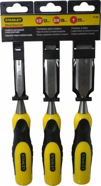 Stanley - 3 Piece Wood Chisel Set - 9" OAL, Bi-Material, Sizes Included 1/2 to 1" - Exact Tooling