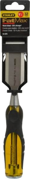 Stanley - 9" OAL x 1-1/4" Blade Width Wood Chisel - 1-1/4" Tip, Acetate & Rubber Grip Handle - Exact Tooling