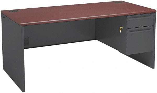 Hon - Steel-Reinforced High-Pressure Laminate/Metal Right Pedestal Desk - 66" Wide x 30" Deep x 29" High, Mahogany/Charcoal - Exact Tooling
