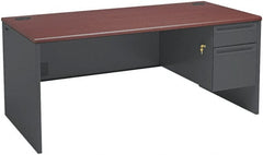 Hon - Steel-Reinforced High-Pressure Laminate/Metal Right Pedestal Desk - 66" Wide x 30" Deep x 29" High, Mahogany/Charcoal - Exact Tooling
