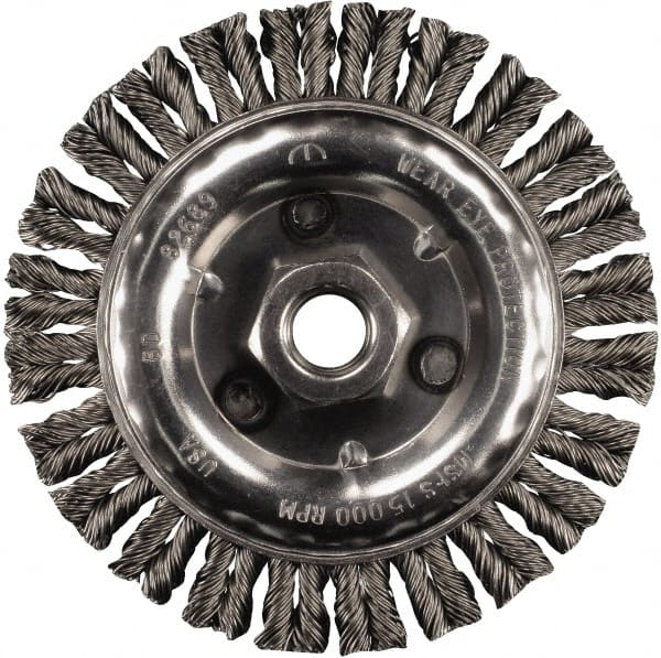 PFERD - 6" OD, 5/8-11 Arbor Hole, Knotted Stainless Steel Wheel Brush - 3/16" Face Width, 1-1/2" Trim Length, 0.02" Filament Diam, 12,500 RPM - Exact Tooling