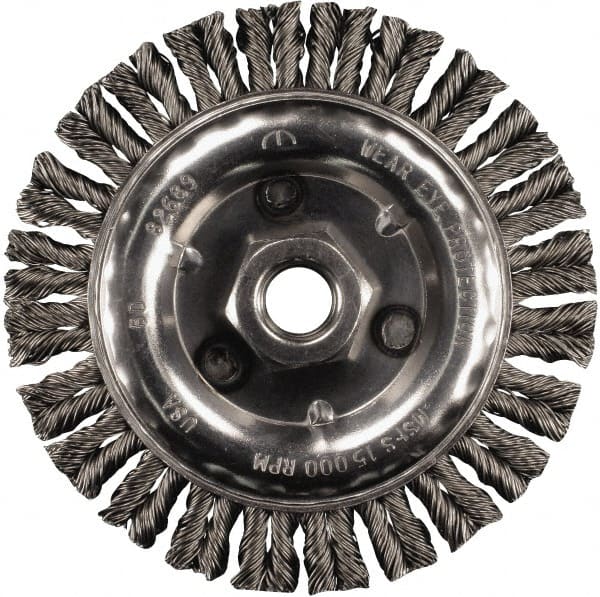 PFERD - 6" OD, 5/8-11 Arbor Hole, Knotted Stainless Steel Wheel Brush - 3/16" Face Width, 1-1/8" Trim Length, 0.02" Filament Diam, 12,500 RPM - Exact Tooling