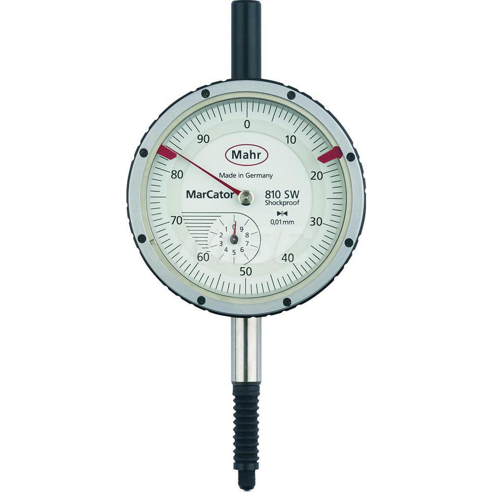 Mahr - Dial Drop Indicators; Maximum Measurement (Inch): 0.4 ; Maximum Measurement (mm): 10 ; Dial Graduation (mm): 0.0100 ; Dial Graduation (Decimal Inch): 0.000500 ; Dial Reading: 0-100 ; Dial Diameter (mm): 61.00 - Exact Tooling