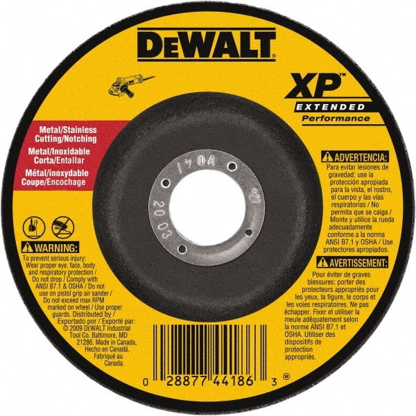 DeWALT - 24 Grit, 9" Wheel Diam, 3/32" Wheel Thickness, 7/8" Arbor Hole, Type 27 Depressed Center Wheel - Zirconia Alumina, Resinoid Bond, 6,600 Max RPM - Exact Tooling