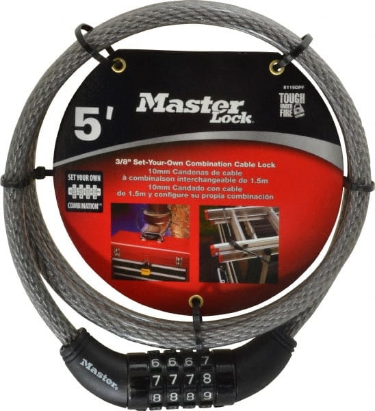 Master Lock - 5' Long Combination Cable Lock - 3/8" Diam - Exact Tooling