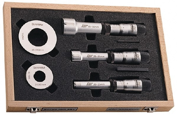 Fowler - 3/4 to 2", 3.15" Gage Depth, 0.00025" Resolution, Ratchet Stop Thimble, Electronic Inside Hole Micrometer Set - Accurate to 0.00015", Carbide Face, 3 Heads, 3 Contact Points, 2 Setting Rings - Exact Tooling