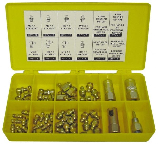 PRO-LUBE - 60 Piece, Metric, Box Plastic Steel Grease Fitting Set - Includes Metric Thread Types, Includes M10x1: (20) Straight, (4) 90°, M6x1: (12) Straight, (4) 90°, M8x1: (12) Straight, (4) 90° - Exact Tooling