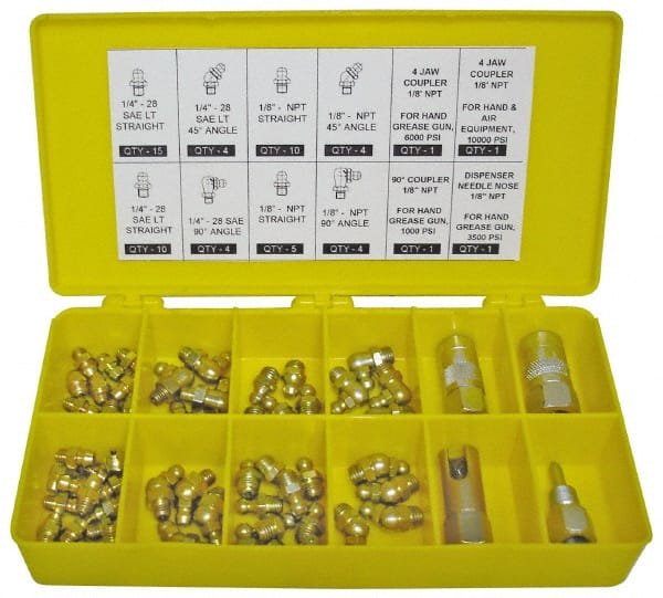 PRO-LUBE - 60 Piece, Inch, Box Plastic Steel Grease Fitting Set - Includes PTF, UNF Thread Types, Includes 1/4-28 SAE-LT: (25) Straight, (4) 45°, (4) 90°, 1/8-27 PTF: (15) Straight, (4) 45°, (4) 90° - Exact Tooling