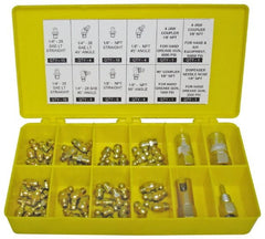 PRO-LUBE - 60 Piece, Inch, Box Plastic Steel Grease Fitting Set - Includes PTF, UNF Thread Types, Includes 1/4-28 SAE-LT: (25) Straight, (4) 45°, (4) 90°, 1/8-27 PTF: (15) Straight, (4) 45°, (4) 90° - Exact Tooling