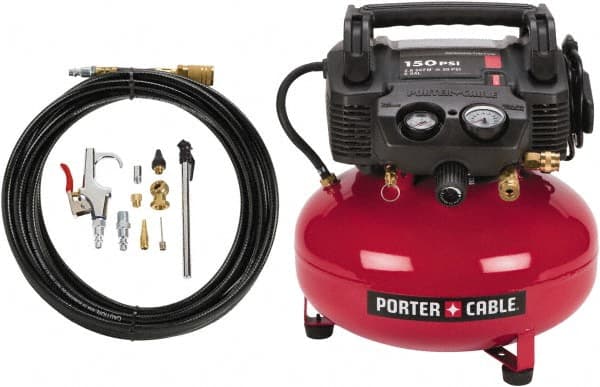 Porter-Cable - 0.8 hp, 2.6 CFM Hand Carry Pancake Compressor - 6 Gallon Tank, 10 Amp, 150 Max psi, 120V - Exact Tooling