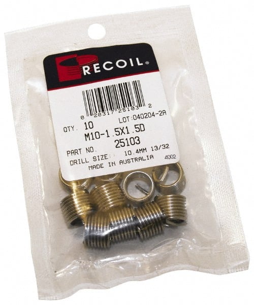 Recoil - 10 Inserts, M10x1.5 Metric Coarse, 1-1/2D, Stainless Steel Screw Locking Insert - 15mm Overall Length, with Tang, Bright Finish - Exact Tooling